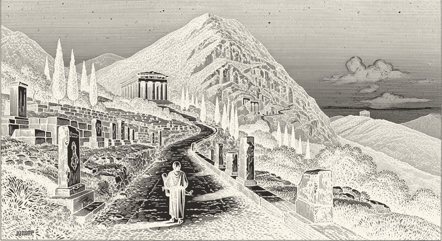 A robed scholar climbing the Sacred Way of Delphi, the Temple of Apollo silhouetted on Mount Parnassus.